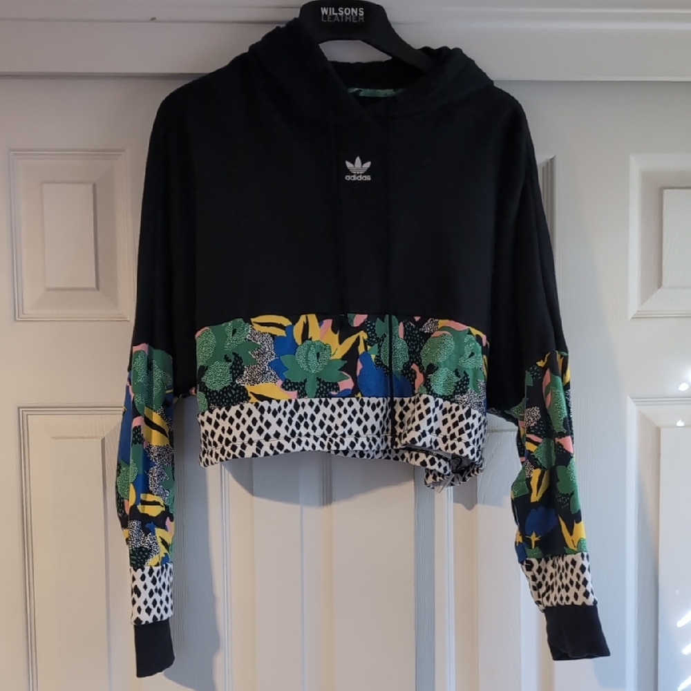 Adidas Black Cropped Hoodie with Colorful Floral Design
